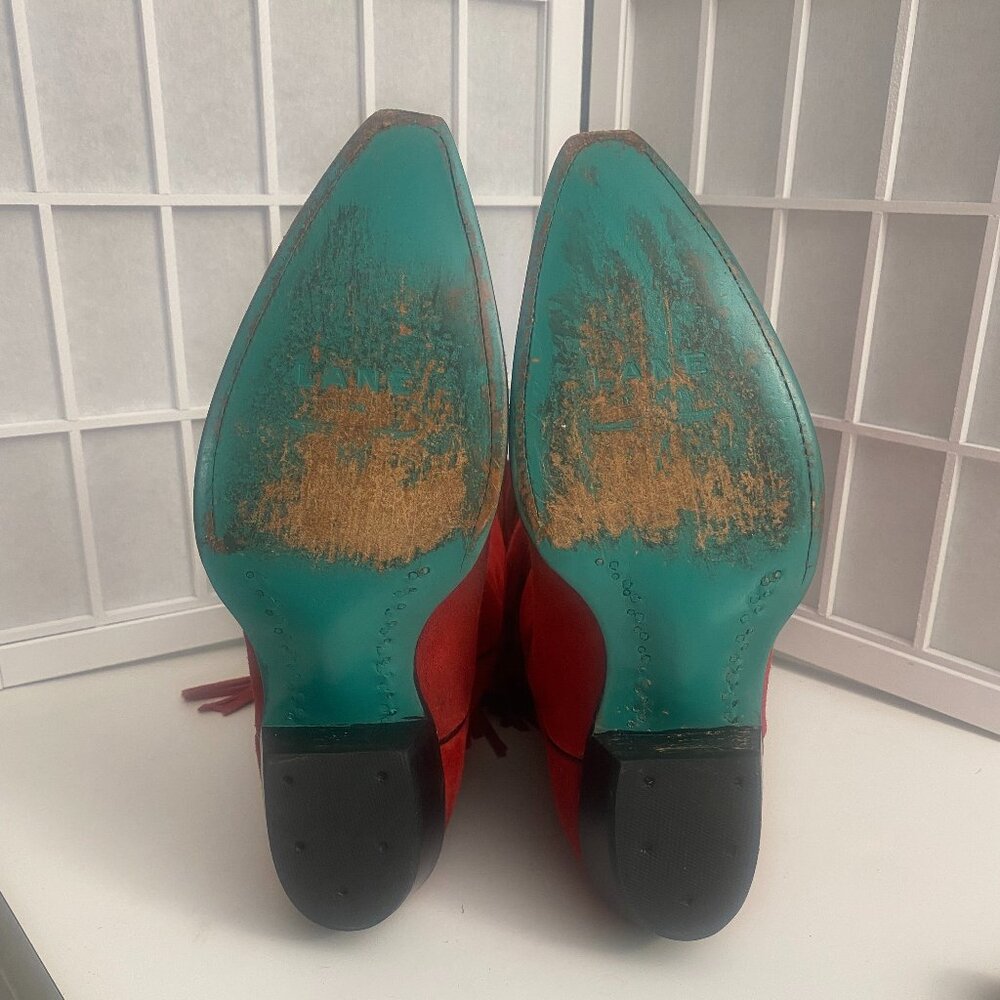 Lane Red Cowboy Suede Fringe Boots Sz. 9 1/2 Leather Exterior and Interior. - Picture 3 of 6